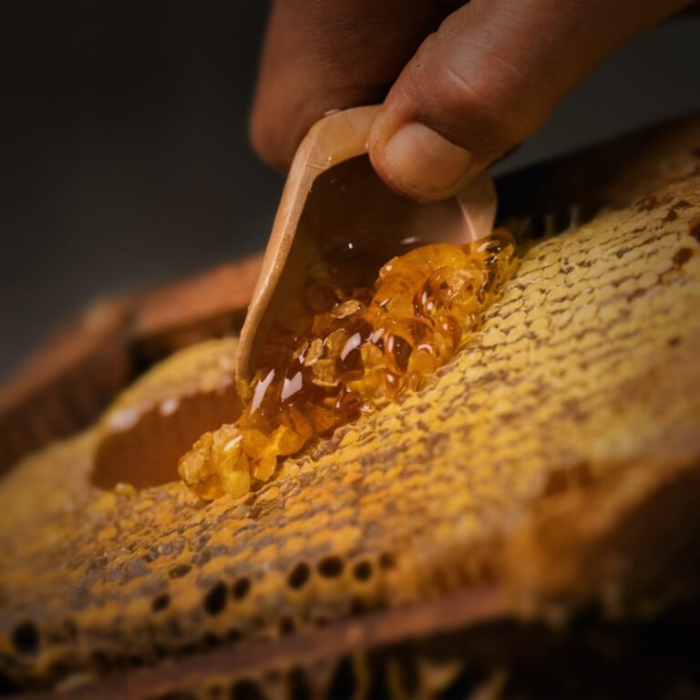 Honey is a natural sweet substance produced by honeybees using nectar from flowers